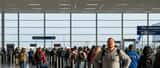 Traveler with luggage waiting in a long TSA security line at a US airport