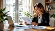 Investisseure française à Rennes comparant des documents SCPI sur un bureau lumineux, matinée calme et professionnelle
