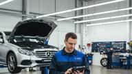 Australian mechanic using diagnostic tablet next to a Mercedes-Benz E-Class on a hydraulic lift in a Sydney automotive workshop