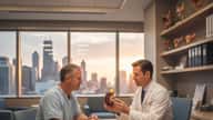 Male patient consulting with a urologist in a modern Chicago clinic, medical charts visible on shelves
