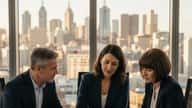 Female financial planner in a navy blazer reviewing financial planning documents with a couple in a modern Melbourne CBD office