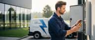 Nederlandse elektricien inspecteert een meterkast met een zaklamp in een woning bij nacht