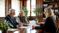 Couple senior français consultant un conseiller en gestion de patrimoine sur leur assurance-vie dans un bureau à Toulouse