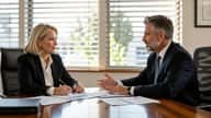 A woman reviews a Statement of Advice with her financial adviser at a timber desk in a Melbourne financial planning office