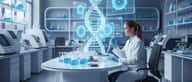 Cancer research laboratory showing DNA helix hologram with scientist analyzing cancer treatment data on advanced medical equipment