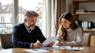 Père et fille adulte consultant un document notarial ensemble dans un cabinet de gestion de patrimoine à Bordeaux