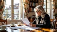 Retraitée française de 60 ans révisant son dossier de pension de réversion avec formulaires officiels dans un appartement à Bordeaux