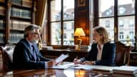 Conseillère en gestion de patrimoine révisant une déclaration fiscale et des factures de travaux dans un bureau alsacien