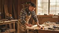 American carpenter measuring and marking an oak board at a workshop bench in Denver, Colorado, sawdust on the floor, warm afternoon light