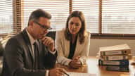 Casal brasileiro revisando documentos de planejamento sucessório com consultor financeiro em escritório de São Paulo