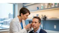 Spécialiste ORL féminine examinant l'oreille d'un patient avec un otoscope dans un cabinet médical moderne au Québec