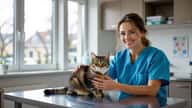 Dyrlæge chipmærker en kat under konsultation i moderne dyreklinik i Aarhus