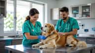 Veterinária em clínica de Curitiba examinando golden retriever em mesa de exame, tutor ao fundo em ambiente profissional