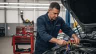 Australian mechanic connecting AC diagnostic gauge manifolds to a car engine in a Brisbane workshop, bonnet open, professional repair atmosphere