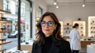 Femme choisissant ses lunettes dans un magasin d'optique conventionné 100% Santé à Toulouse, lumière naturelle