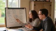 A student and tutor reviewing energy physics diagrams at a kitchen table in a suburban Columbus Ohio home, warm afternoon light