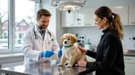 Veterinär vaccinerar en golden retriever valp i ljus klinik i Göteborg med hundägare bredvid