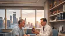 Male patient consulting with a urologist in a modern Chicago clinic, medical charts visible on shelves