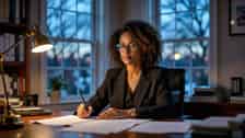 A paralegal reviewing Maryland labor law documents at a home office desk in Baltimore, blue-hour evening light, bookshelves in background