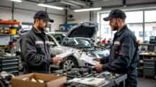 Kfz-Techniker in einer Werkstatt prüft Tarifrechte und Gehalt im Kraftfahrzeuggewerbe, Deutschland 2026