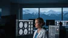 Radiologue analysant des images IRM sur écran de diagnostic dans la salle de lecture d'un hôpital canadien