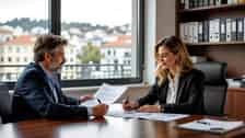 Empregador e trabalhadora em Porto a rever contrato a prazo sobre mesa em escritório profissional