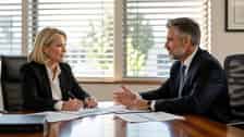 A woman reviews a Statement of Advice with her financial adviser at a timber desk in a Melbourne financial planning office