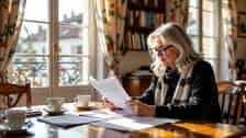 Retraitée française de 60 ans révisant son dossier de pension de réversion avec formulaires officiels dans un appartement à Bordeaux