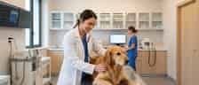 Veterinária portuguesa a examinar um golden retriever numa mesa de consulta de hospital veterinário moderno