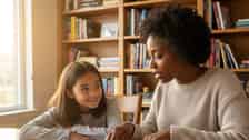 African American English tutor helping a young girl read a book at a home study table in suburban Chicago