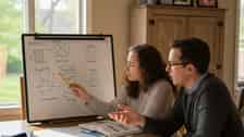 A student and tutor reviewing energy physics diagrams at a kitchen table in a suburban Columbus Ohio home, warm afternoon light