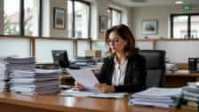 Femme consultant des dossiers de succession au greffe du tribunal judiciaire de Grenoble