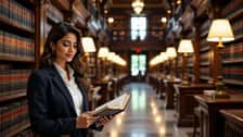 Employment attorney annotating Rhode Island statute books in a Providence law library aisle, rows of legal volumes extending in depth