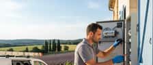 Eletricista português a inspecionar quadro elétrico num apartamento em Lisboa