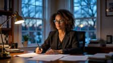 A paralegal reviewing Maryland labor law documents at a home office desk in Baltimore, blue-hour evening light, bookshelves in background