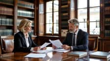 Un avocat et sa cliente française examinent des documents de divorce international dans un cabinet juridique à Bordeaux
