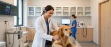 Veterinária portuguesa a examinar um golden retriever numa mesa de consulta de hospital veterinário moderno