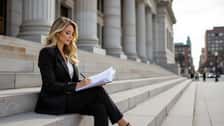 Woman annotating legal documents on courthouse steps in Sioux Falls, South Dakota, overcast morning light