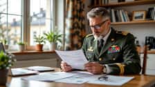 Statlig tjänsteman i 50-årsåldern studerar pensionsbesked vid köksbord hemma i Stockholm, SPV-handlingar, eftertänksam planering