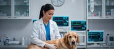Veterinária examinando um golden retriever numa sala de urgências veterinárias moderna à noite