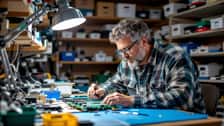 Technicien électronique réparant un circuit imprimé dans un atelier de Sherbrooke, Québec