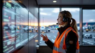 Bakkeansatt i orange høysynsvest annoterer skiftplan i operasjonssenter på Bergen Airport Flesland