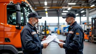 Autotrasportatore italiano esamina documenti di rotta al deposito camion di Torino sotto luce industriale diffusa