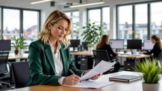 HR-specialist i sage-grön kavaj annoterar ett kollektivavtal vid sitt skrivbord i ett modernt kontorslandskap i Göteborg