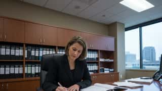 Employment compliance officer reviewing Kansas labor law documents at a wide desk in a Wichita corporate HR office