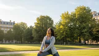 Femme française faisant des étirements dans un parc parisien ensoleillé, tenue de sport, lumière dorée matinale, attitude détendue et confiante