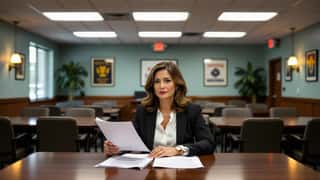 Nevada HR professional reviews labor law documents at a Reno union hall conference table, blue-hour interior lighting