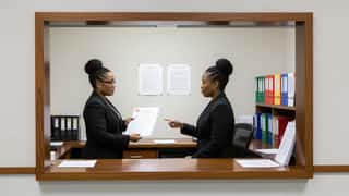 HR manager in Fort Smith, Arkansas comparing wage compliance poster and employee handbook in a compliance office, filing cabinets and regulatory binders behind her