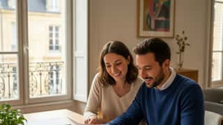 Parents français passant en revue les documents officiels du congé de naissance 2026 dans leur appartement bordelais