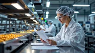 Produksjonsarbeider gjennomgår tariffavtale ved arbeidsstation i norsk matfabrikk
